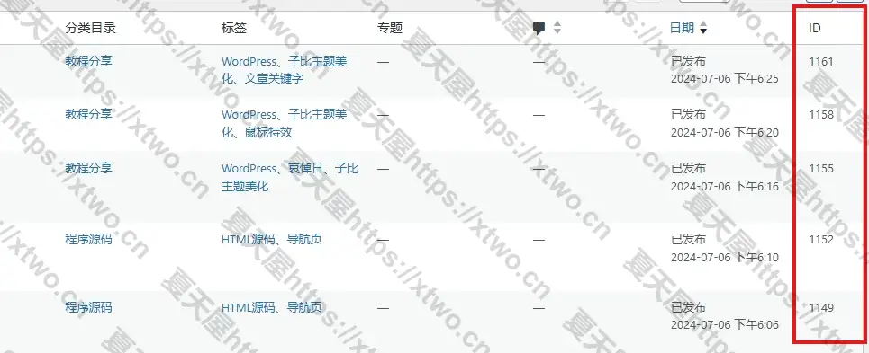 WordPress后台给所有文章/分类/页面/标签添加显示ID-夏天屋